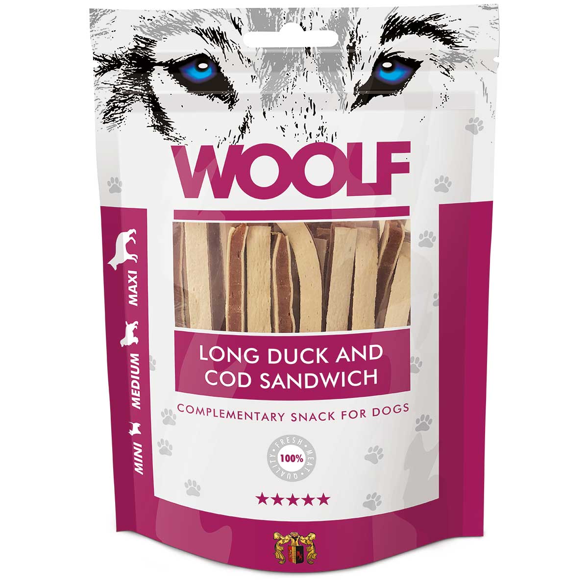 Woolf kutya jutalomfalat kacsa & tőkehal szendvics