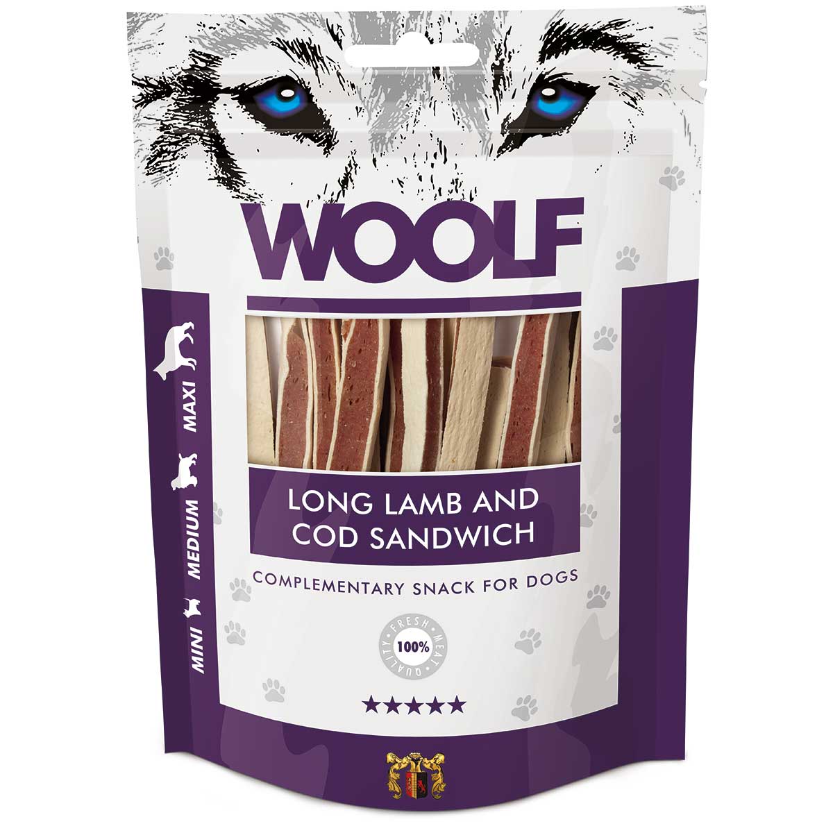 Woolf kutya jutalomfalat bárány és tőkehal szendvics
