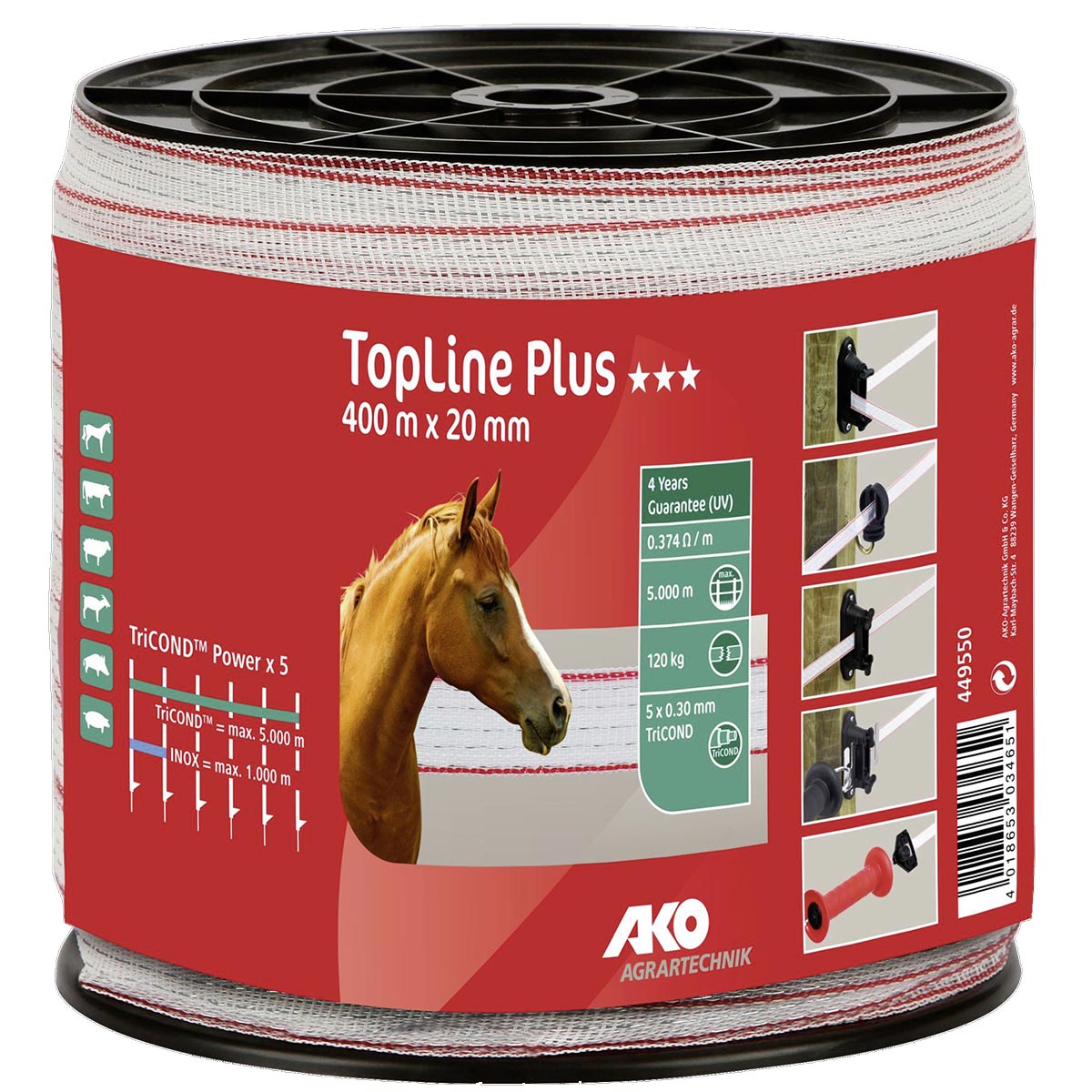Ako villanypásztor szalag TopLine Plus 400m, 20mm, 5x0.30 TriCOND, fehér-piros