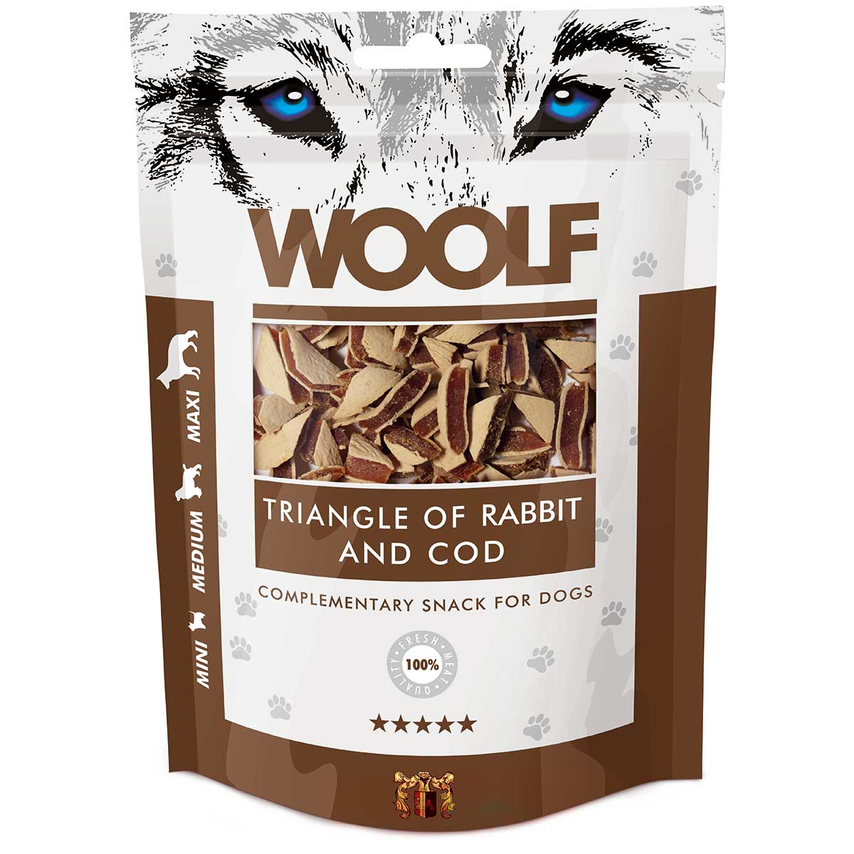 Woolf kutya jutalomfalat nyúl és tőkehal háromszögek
