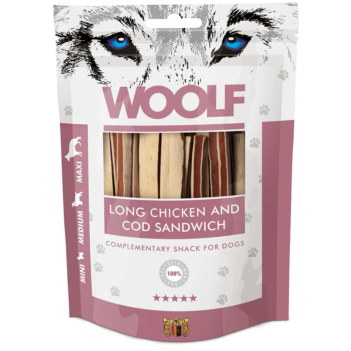Woolf kutya jutalomfalat csirke és tőkehal szendvics