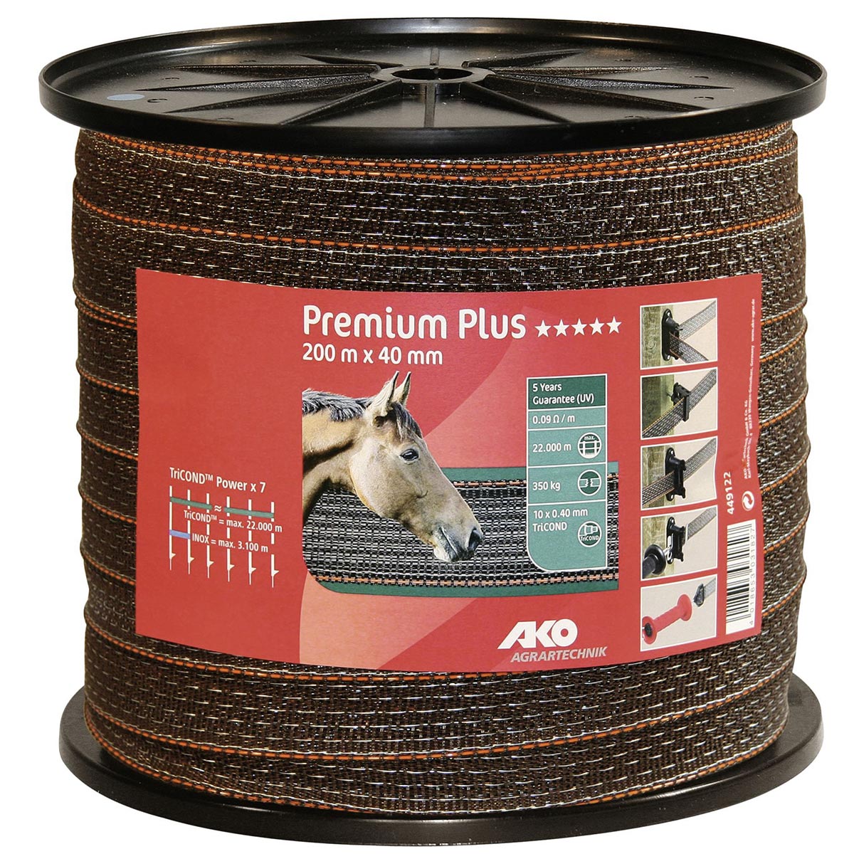 Ako villanypásztor szalag Premium Plus 200m, 0.40 TriCOND, barna-narancs 200 m x 40 mm