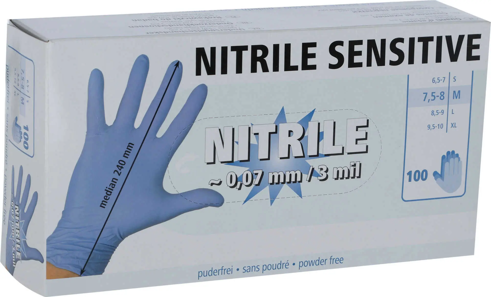 Eldobható kesztyű Nitril Sensitive kék 100 db. púder nélkül