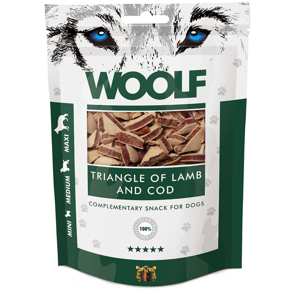 Woolf kutya jutalomfalat bárány és tőkehal háromszögek