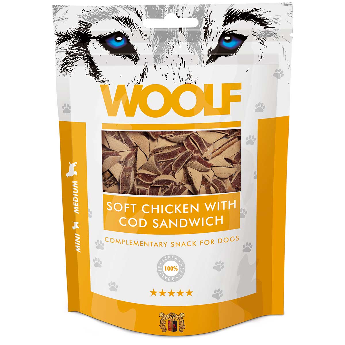 Woolf kutya jutalomfalat csirke és tőkehal szendvics