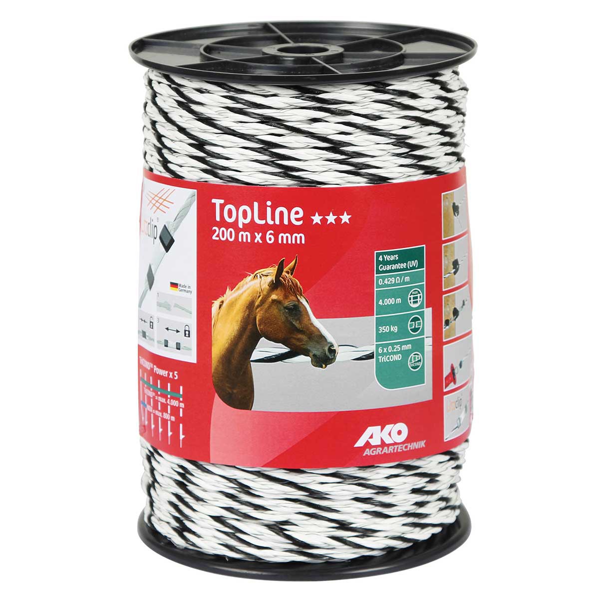 Ako villanypásztor kötél TopLine Plus 200m, Ø 6mm, 6x0.25 TriCOND, fehér-fekete